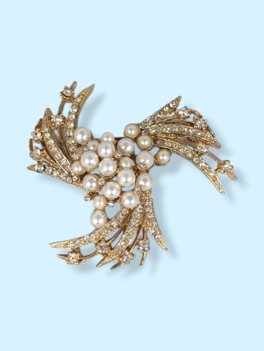Vintage Faux Pearl & Rhinestone Tri-Swirl Brooch